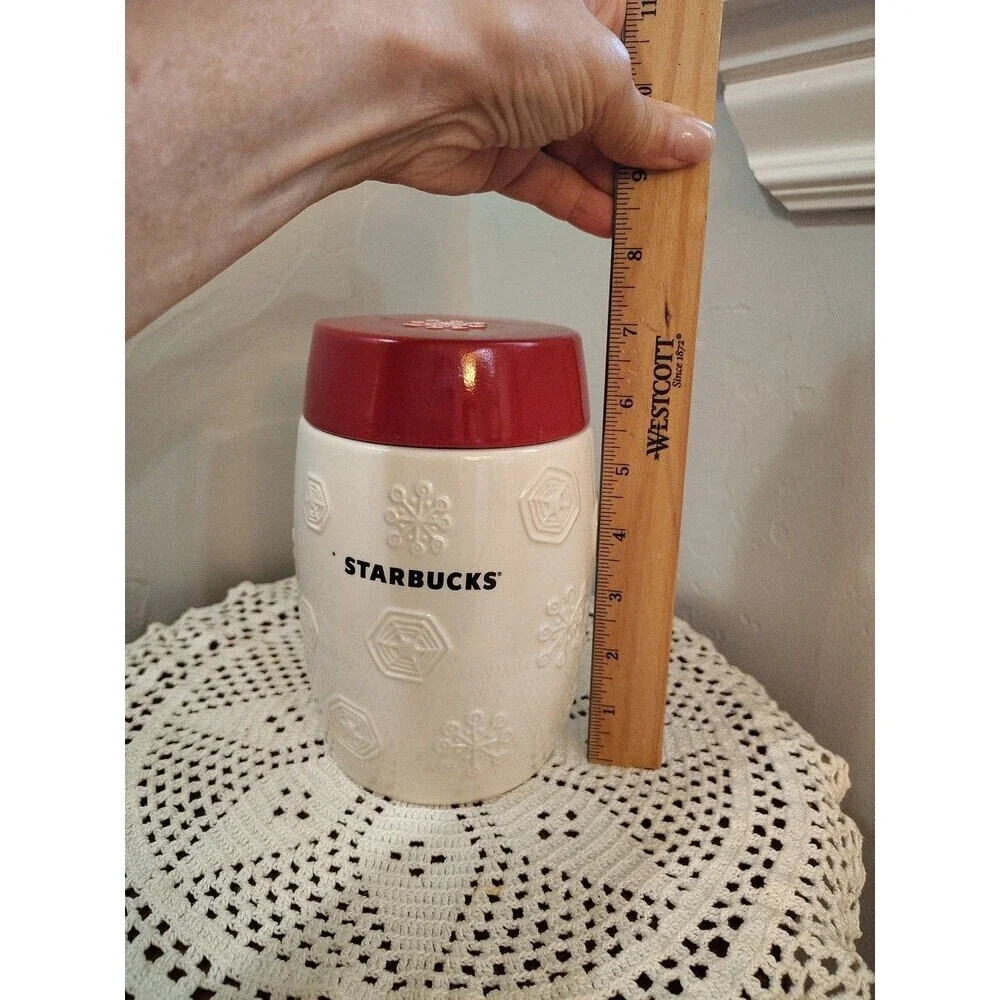 2011 Starbucks Red white Holiday Snowflake Ceramic Coffee Canister 7